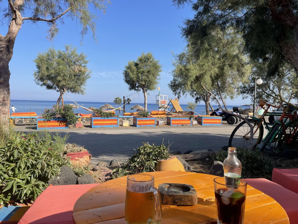 Beach view from Tranquilo Bar, Perissa, Santorini, Greece