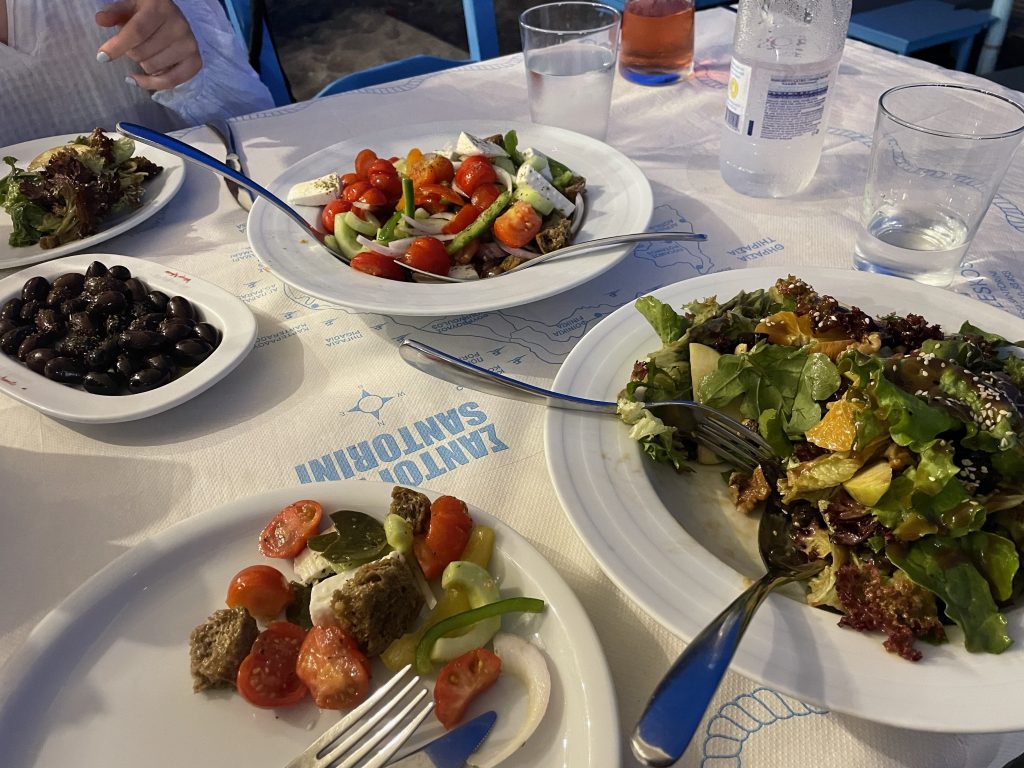 Salads at Fratzeskos Fish Tavern, Persia, Santorini, Greece